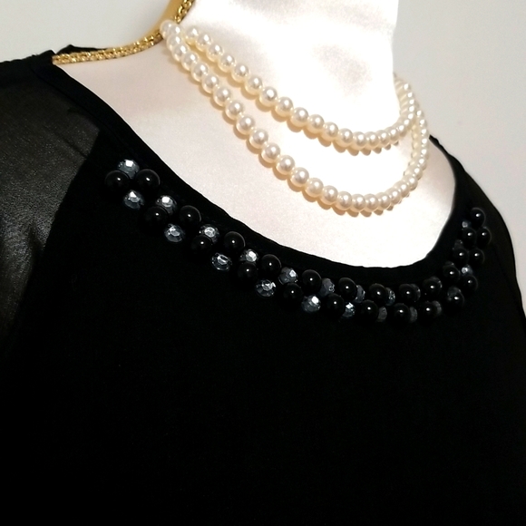 Black Shift Dress with Beads & Embellishments Sheer Long Sleeves - Picture 5 of 16